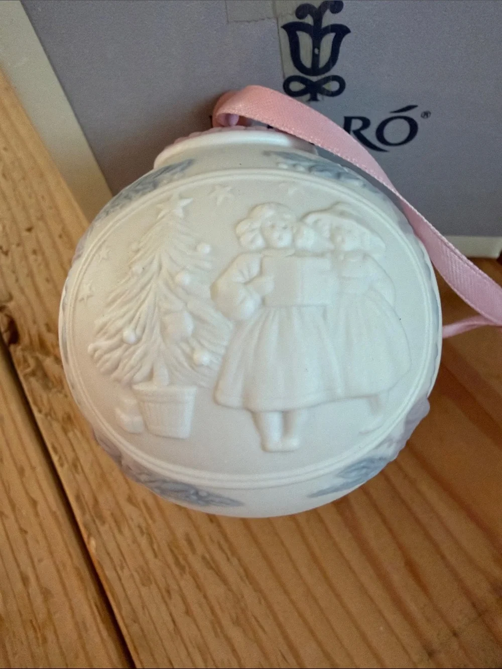 Lladro White Porcelain Holiday Ornament with Pink Top & Ribbon